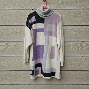 Cubus wool angora blend turtleneck mini sweater dress cream geometric large